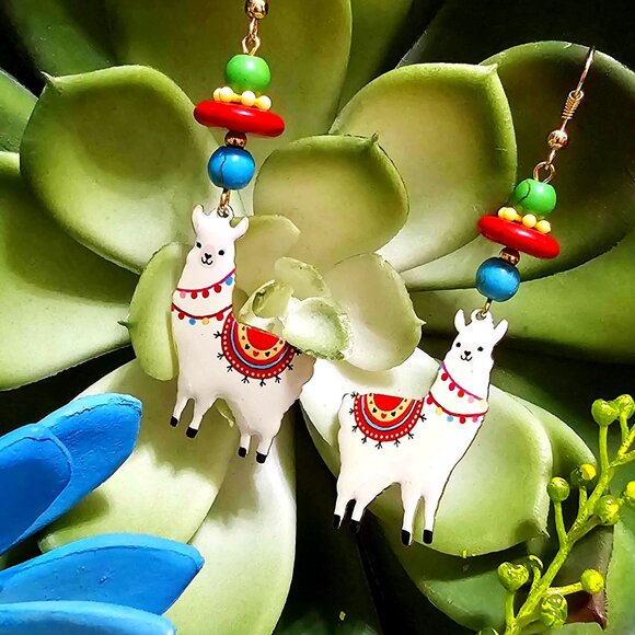 Hand Crafted Jewelry - Artisan Earrings. Llamas. Colorful, Beaded. Pierced.